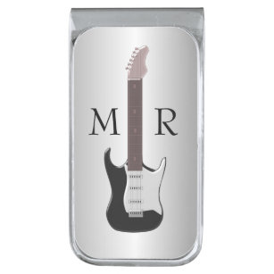 Silver Monogrammed Electric Guitar Silver Finish Money Clip