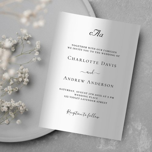 Silver monogrammed formal luxury wedding invitation