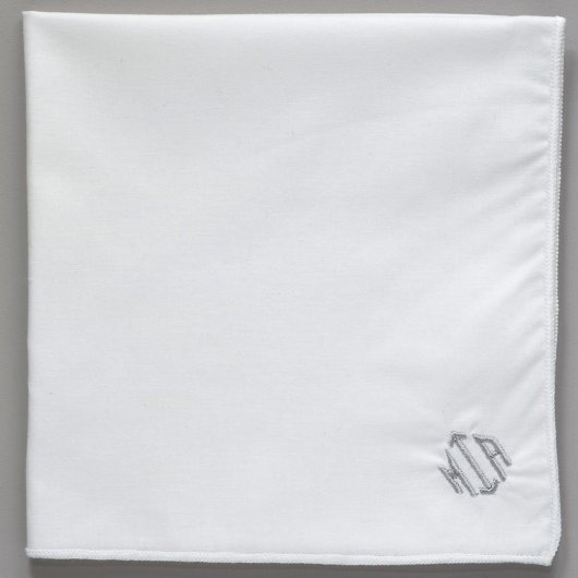 Silver Monogrammed White Cotton Pocket Square (Front)