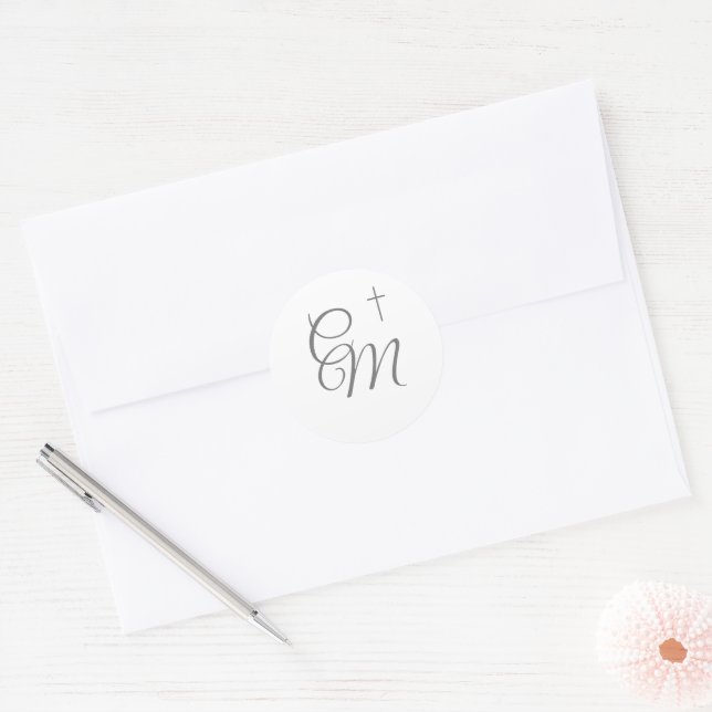Silver Monogrammed with Cross  Classic Round Sticker (Envelope)