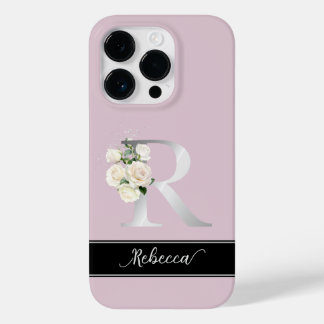 Silver monogran R custom name white roses pink Case-Mate iPhone 14 Pro Case