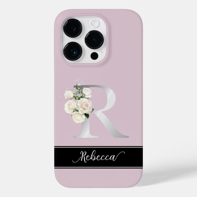 Silver monogran R custom name white roses  pink Case-Mate iPhone Case (Back)