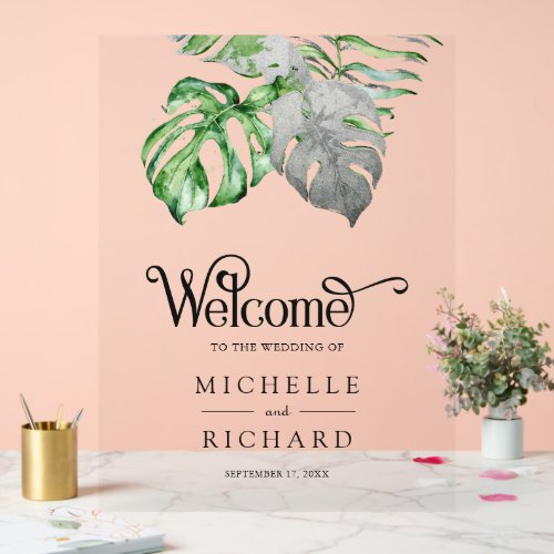 Silver Monstera Tropical Palm Wedding Welcome Acrylic Sign