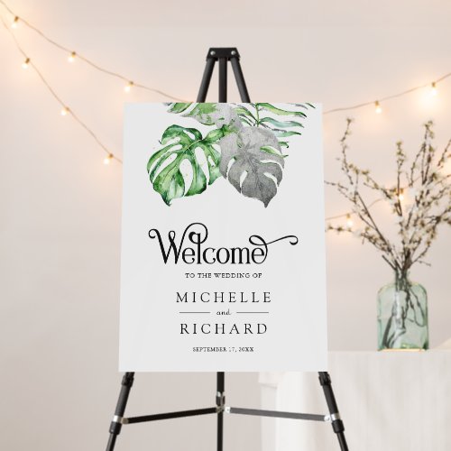 Silver Monstera Tropical Palm Wedding Welcome Sign