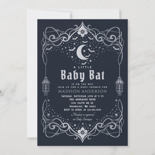 Silver Moon Gothic Baby Bat Lantern Baby Shower Invitation