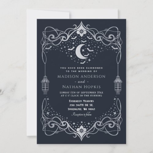 Silver Moon Gothic Bats Lantern Wedding  Invitation