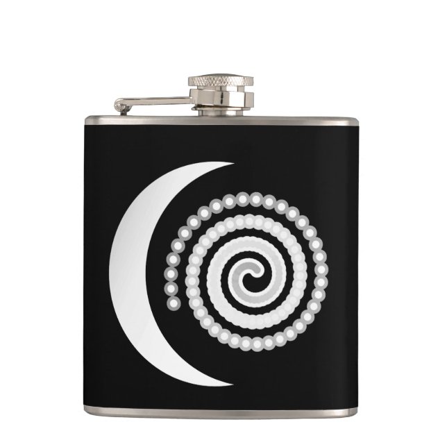 Silver Moon Spiral on black Flask (Front)