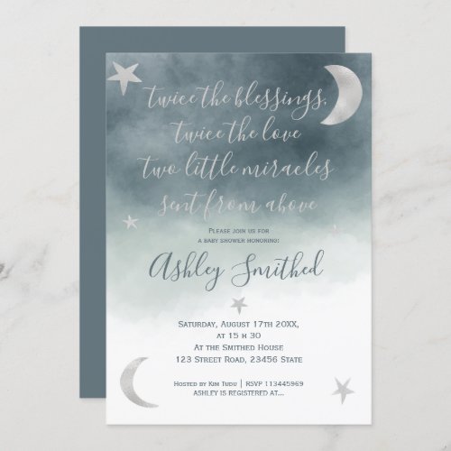 Silver moon star blue watercolor twins baby shower invitation