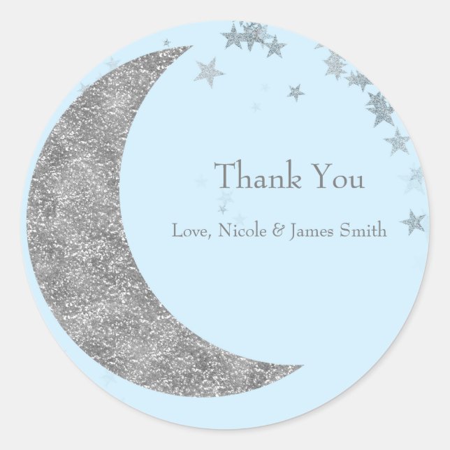 Silver Moon & Stars Baby Shower Blue Favor Classic Round Sticker (Front)
