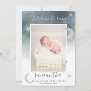 Silver moon stars blue watercolor photo baby birth announcement