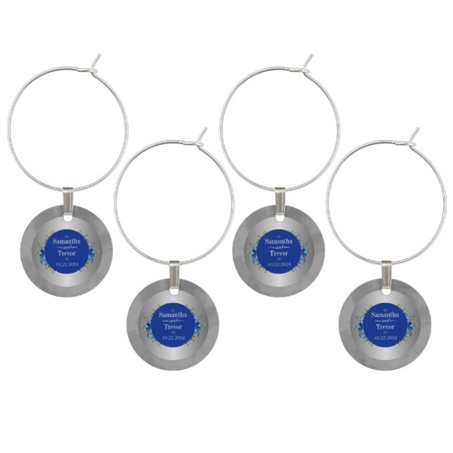 Silver Moonlight Blue Blossoms Wine Charm (Staggered)