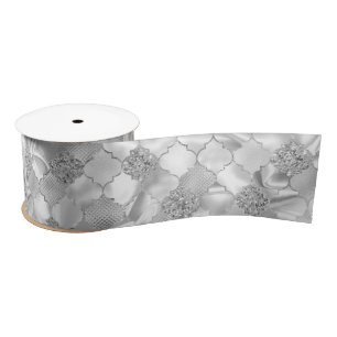Silver Moroccan Quatrefoil Pattern Satin Ribbon
