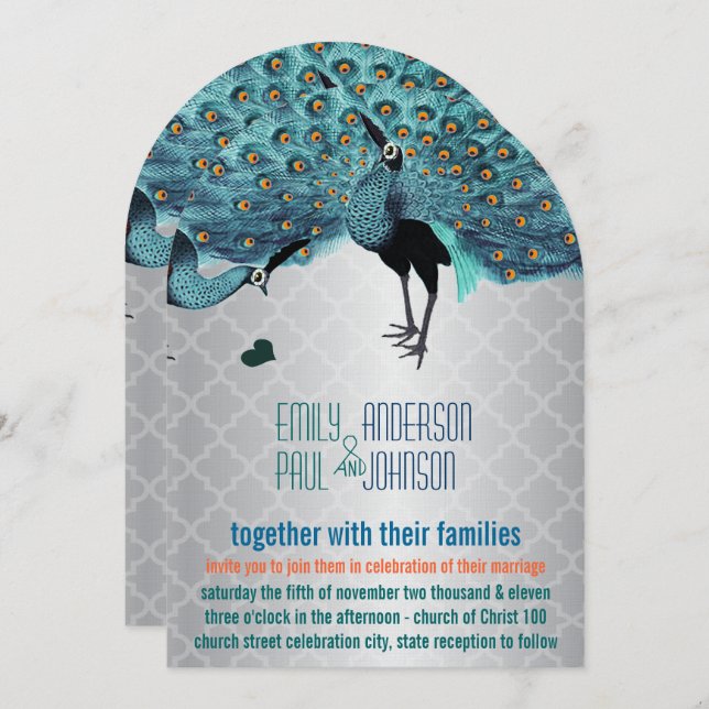 Silver Moroccan Tile Aqua & Coral Peacock Wedding Invitation (Front/Back)