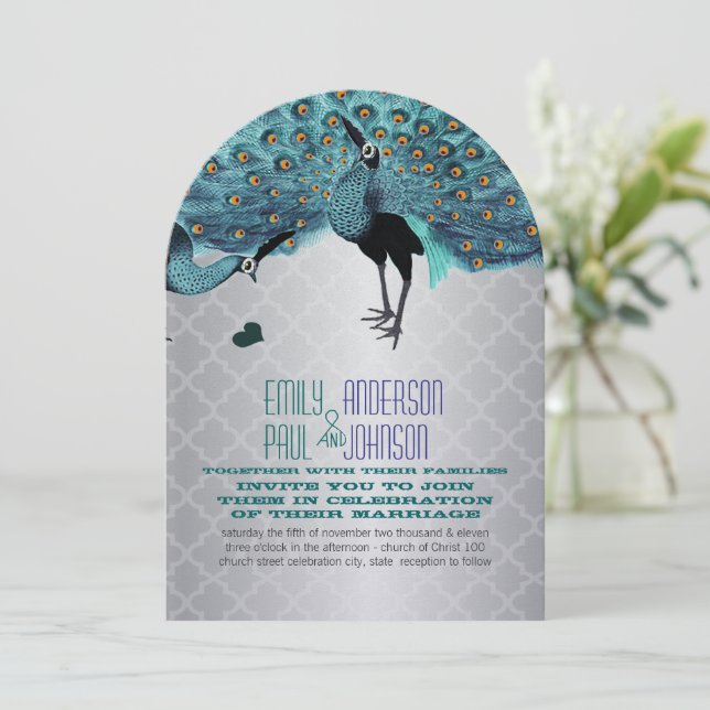 Silver Moroccan Tile Aqua & Coral Peacock Wedding Invitation (Standing Front)