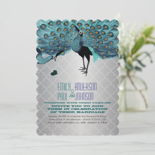 Silver Moroccan Tile Aqua  Coral Peacock Wedding Invitation