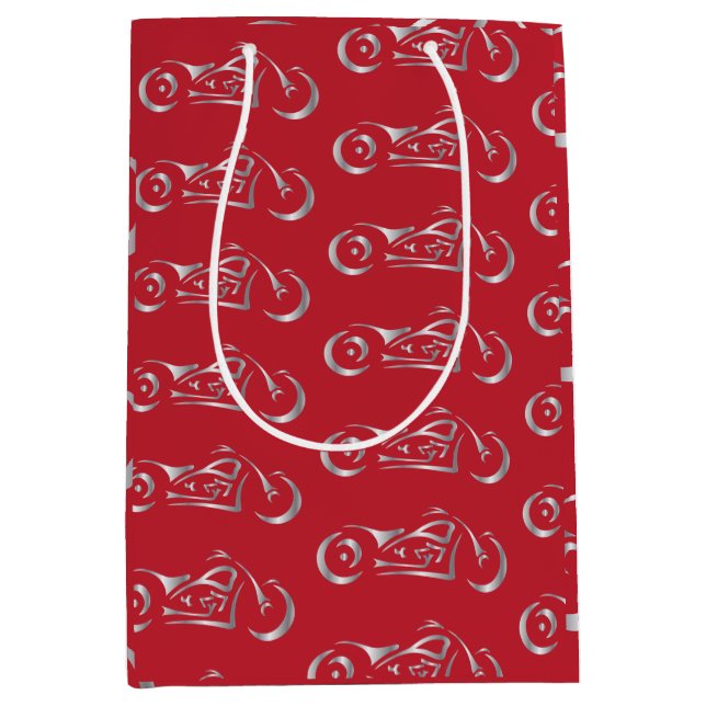 Silver motorcycle silhouette for biker medium gift bag (Front)