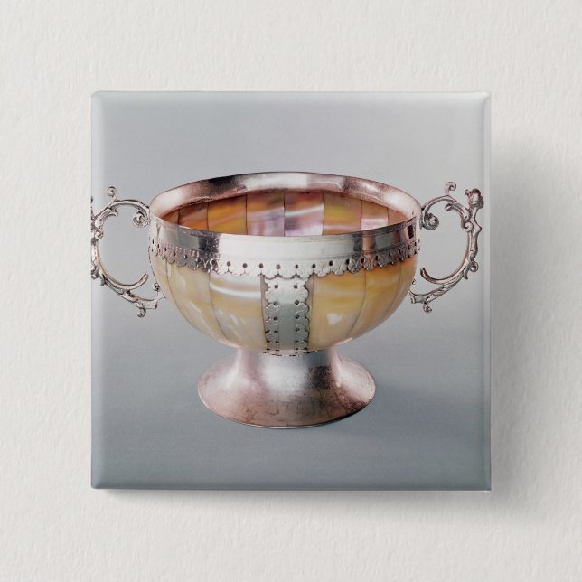 Silver mounted mother-of-pearl wassail bowl pinback button (Front)