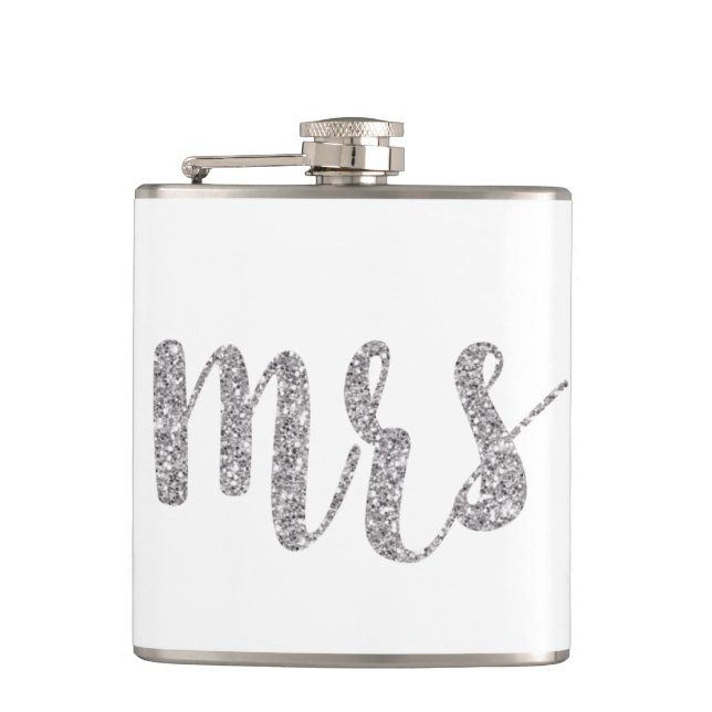 Silver Mrs. flask, glitter font Flask (Front)