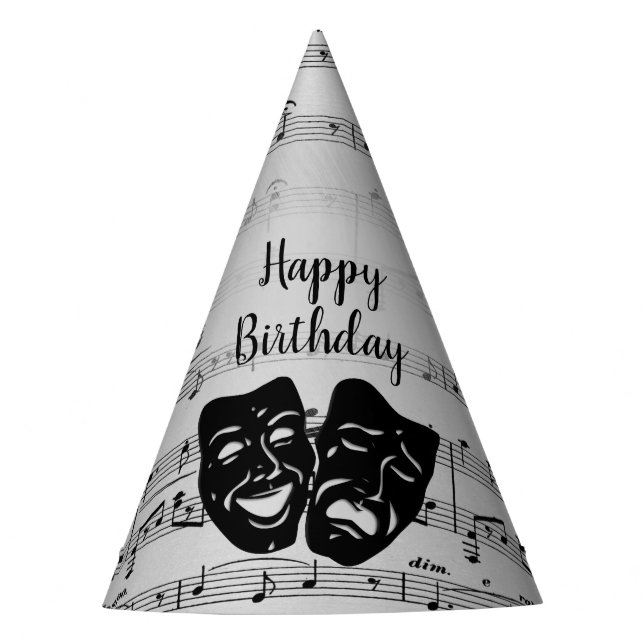 Silver Music and Theater Masks Birthday Party Hat (Front)