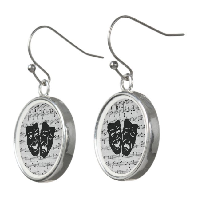 Silver Music and Theater Masks Earrings (Angled)