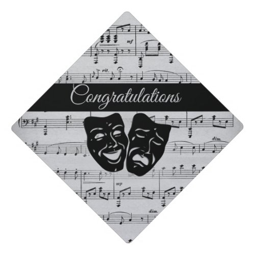 Silver Music and Theater Masks Graduation Cap Topper