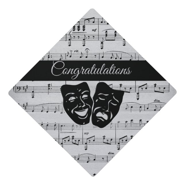 Silver Music and Theater Masks Graduation Cap Topper (Front)