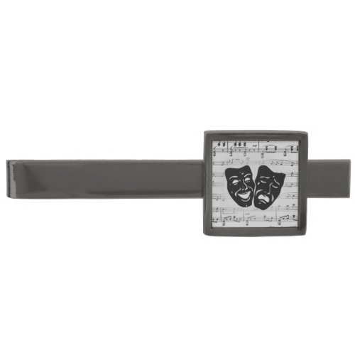 Silver Music and Theater Masks Gunmetal Finish Tie Bar