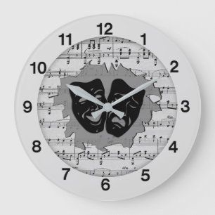 Silver Music and Theater Masks Large Clock