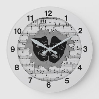Silver Music and Theater Masks Large Clock
