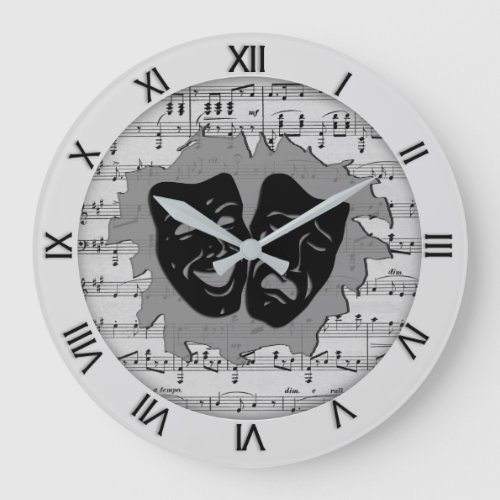 Silver Music and Theater Masks Large Clock