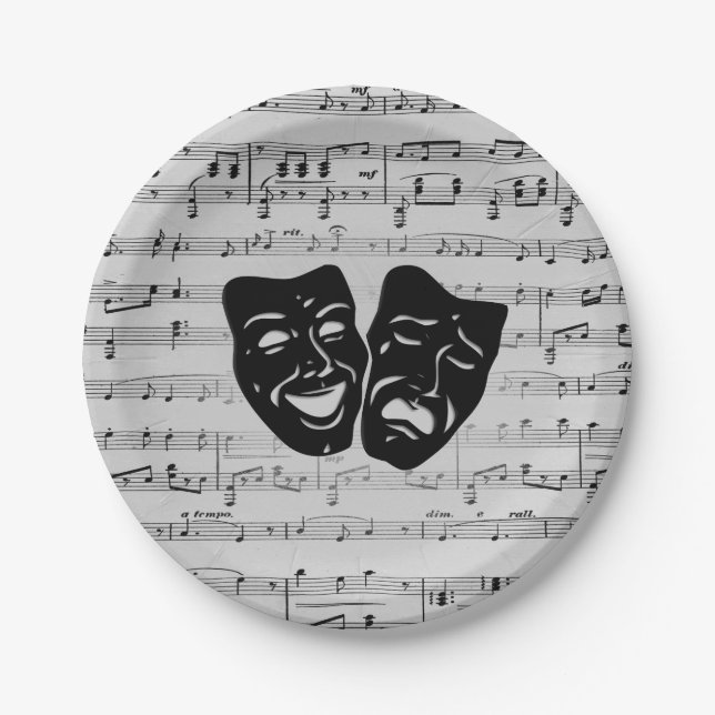 Silver Music and Theater Masks Paper Plates (Front)