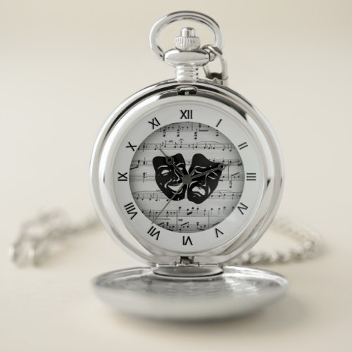 Silver Music and Theater Masks Pocket Watch