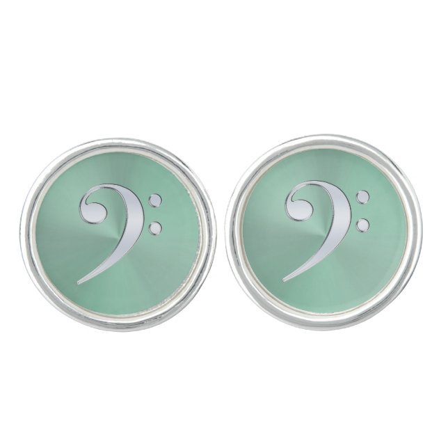 Silver Music Bass Clef On Light Green Cufflinks (Front)