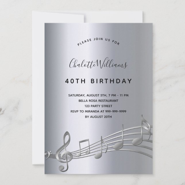Silver music notes birthday invitation (Front)