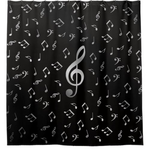 silver music notes shower curtain