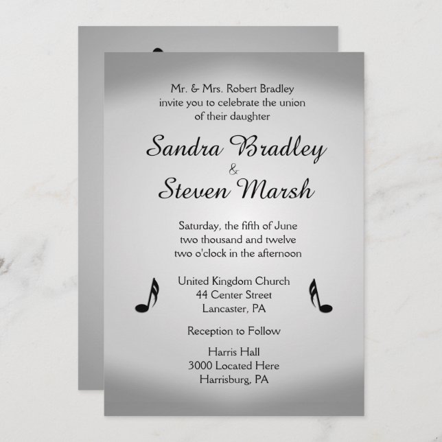 Silver Music Wedding Theme Invitation (Front/Back)