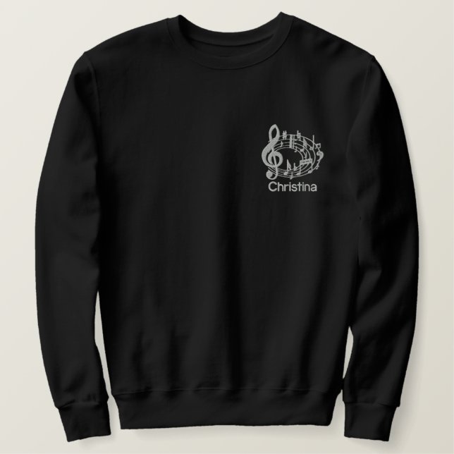 Silver musical notes in oval shape Embroidery Embroidered Sweatshirt (Design Front)