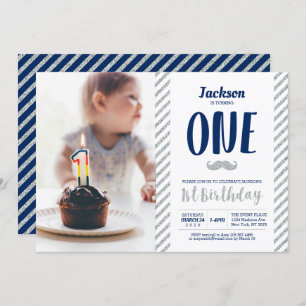 Silver, Mustache   Boy 1st Birthday Photo Invitation