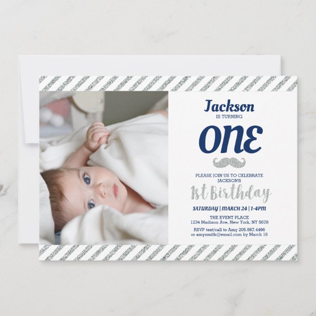 Silver, Mustache | Boy 1st Birthday Photo Invitation (Front)