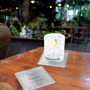Silver name elegant birthday glass coaster
