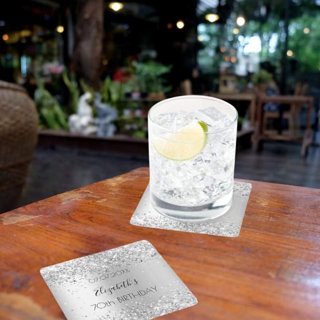 Silver name elegant birthday square paper coaster (Creator Uploaded)