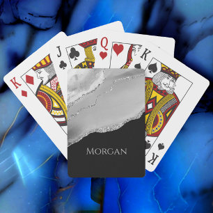 Silver Name, Glitter & Agate on Black Poker Cards