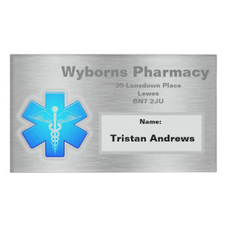 Silver name tag with pharmacy name