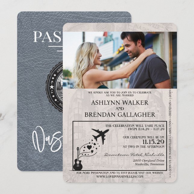 Silver Nashville Passport Wedding Invitation (Front/Back)