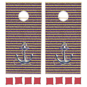 Silver Nautical Anchor Purple Gold Stripes Cornhole Set