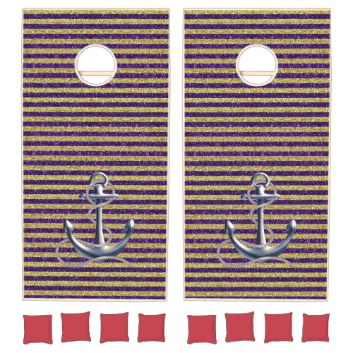 Silver Nautical Anchor Purple Gold Stripes Cornhole Set
