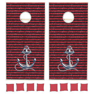 Silver Nautical Anchor Red Black Stripes Cornhole Set