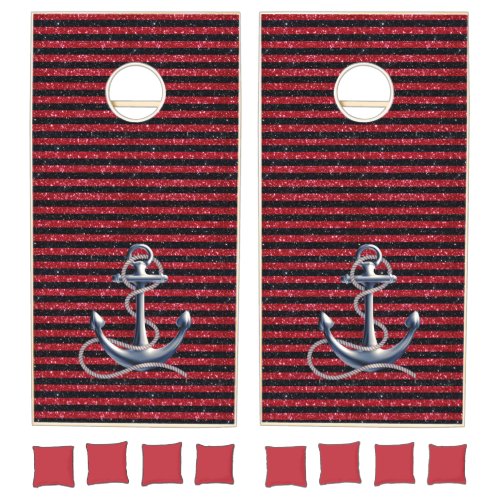 Silver Nautical Anchor Red Black Stripes Cornhole Set