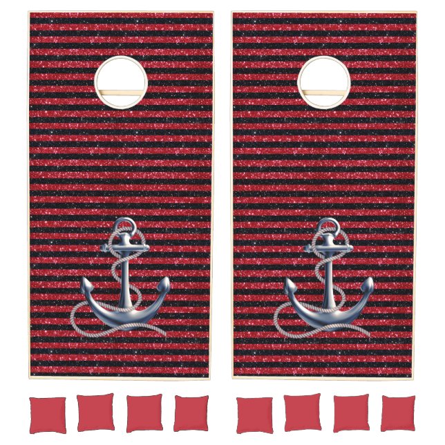 Silver Nautical Anchor Red Black Stripes Cornhole Set (Set)