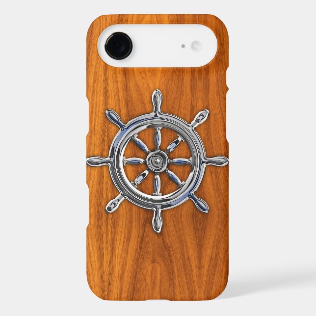 Silver Nautical Wheel on Teak Decor Case-Mate iPhone Case (Back)